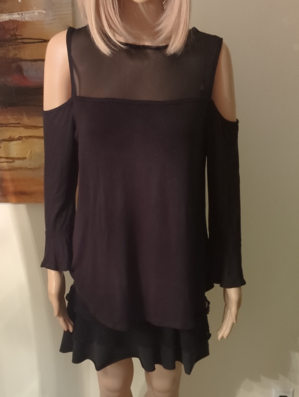 Pinko Black Cold-Shoulder Sheer Yoke Tunic